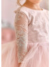 Dusty Pink Lace Tulle Sheer Back Flower Girl Dress